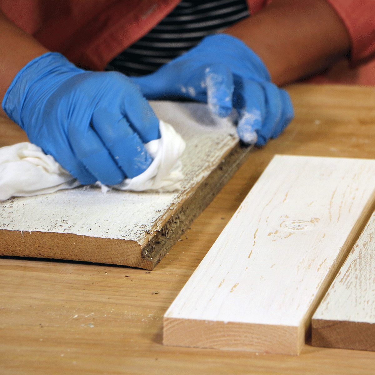 whitewash wood with scraper and rag