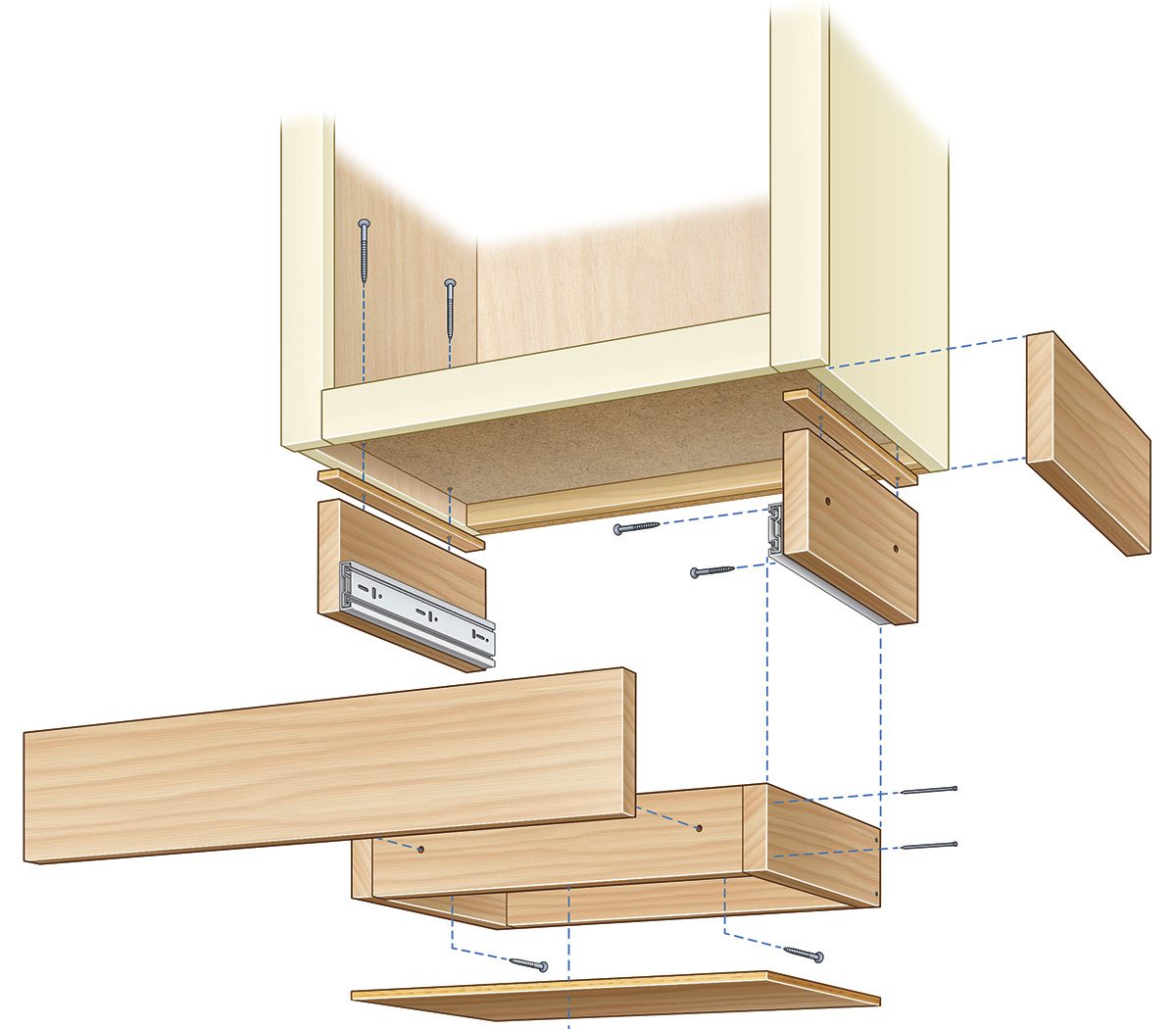 A wooden drawer assembly is displayed, with labeled parts and connectors illustrating the assembly process in a clear, exploded view.