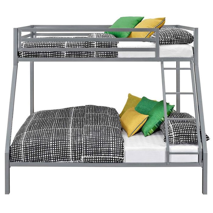 A gray metal bunk bed displays two mattresses, adorned with black-and-white patterned bedding and colorful pillows, set in a bright, uncluttered space.