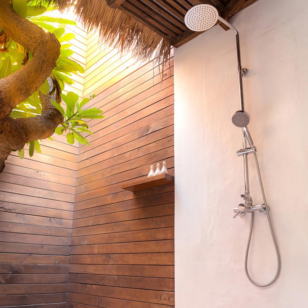 A showerhead is mounted on a wooden wall, with water streaming down. Nearby, a tree branches out, and a shelf holds three small decorative objects.