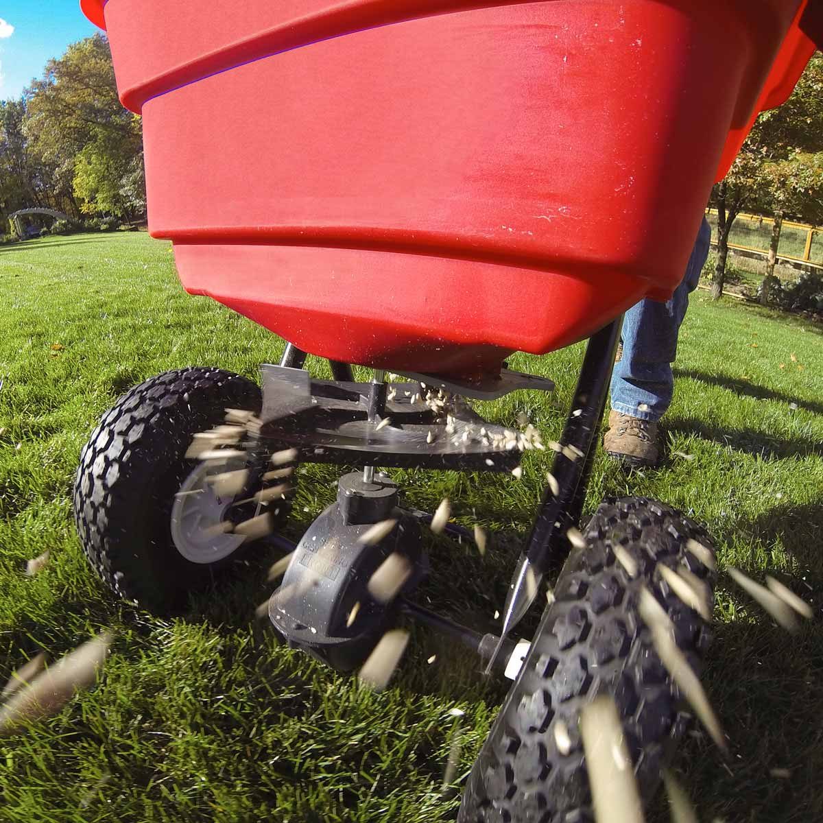 A red broadcast spreader distributes seeds across green grass while being pushed on a sunny day, with a person in boots guiding it.