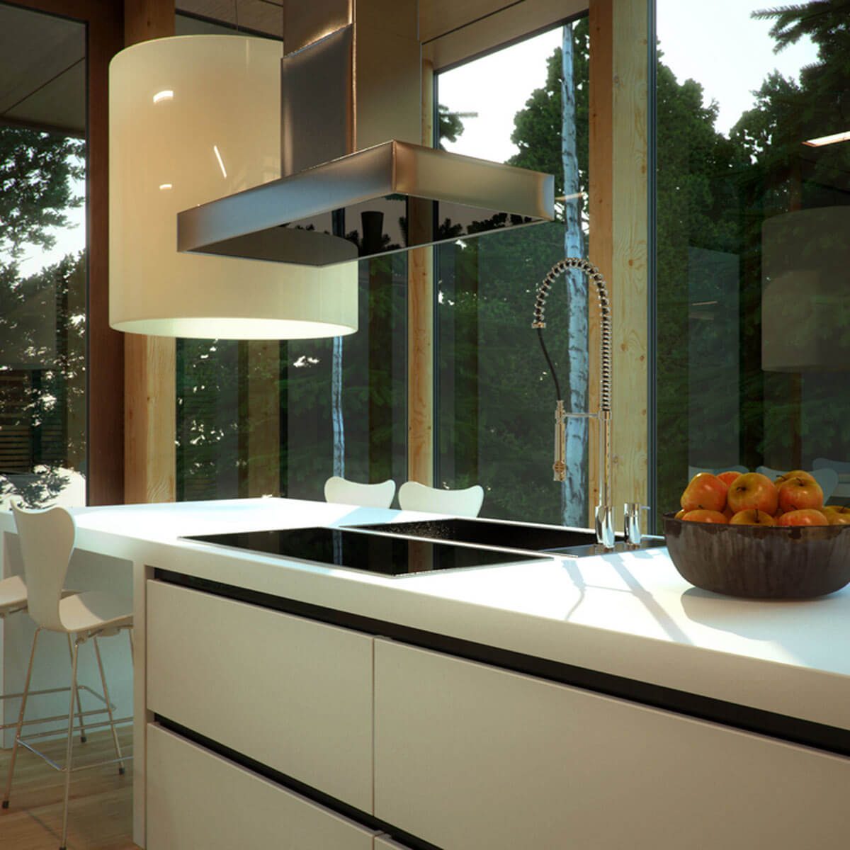 A modern kitchen features a stovetop, sleek cabinetry, and a bowl of apples, all illuminated by natural light through large windows.