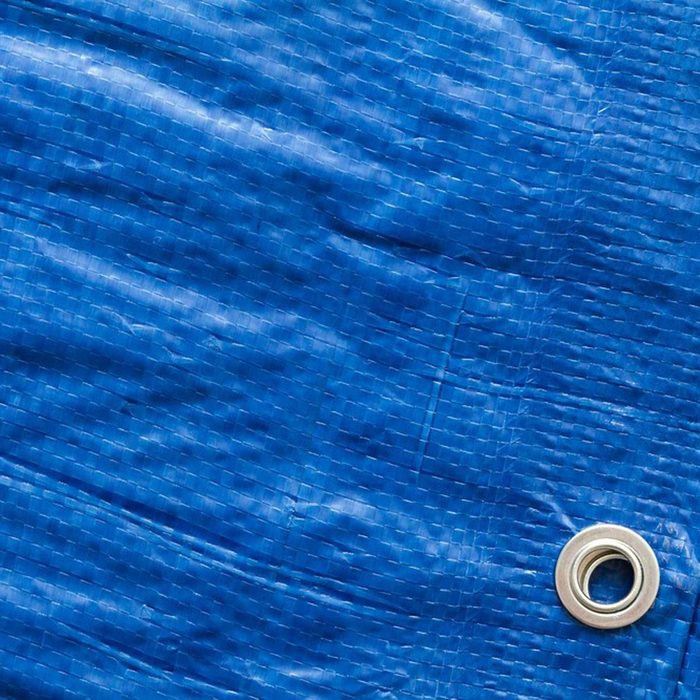 A blue tarp with a textured surface has a metallic grommet located at the bottom right corner, suggesting potential use for covering or protection.