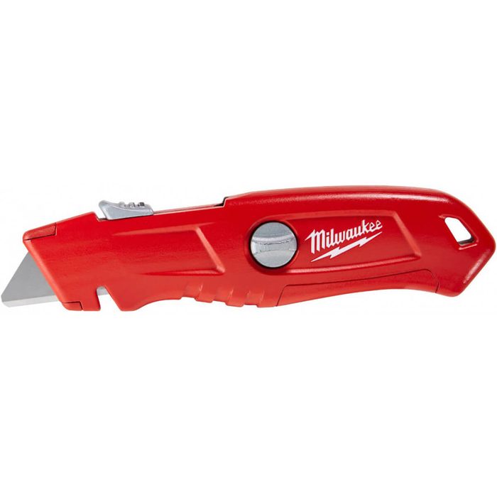 A red utility knife is displayed, featuring a retractable blade mechanism, designed for cutting tasks, set against a plain white background.