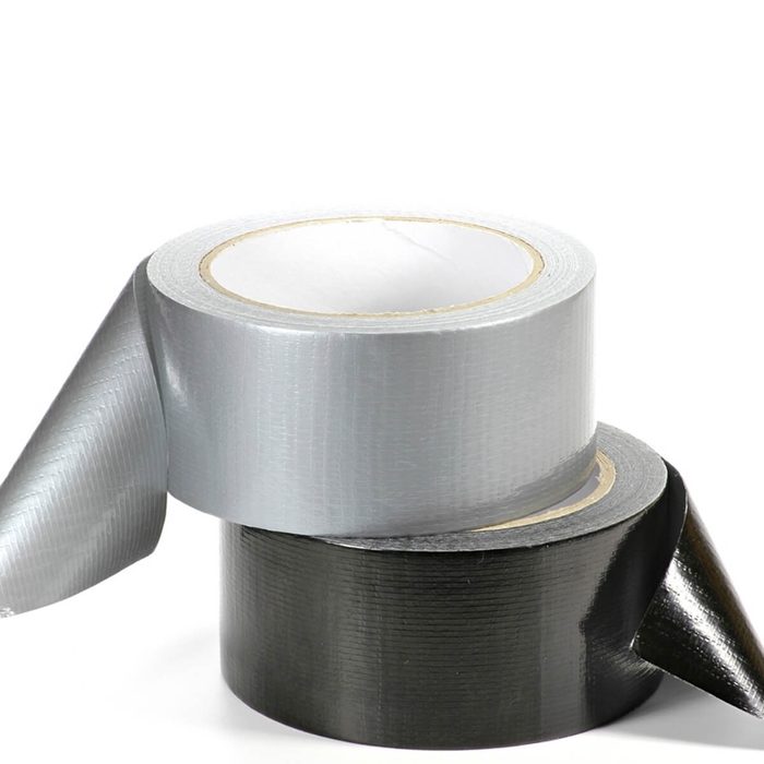 Two rolls of duct tape, one silver and one black, are stacked vertically, with the silver roll partially unwrapped, against a plain white background.