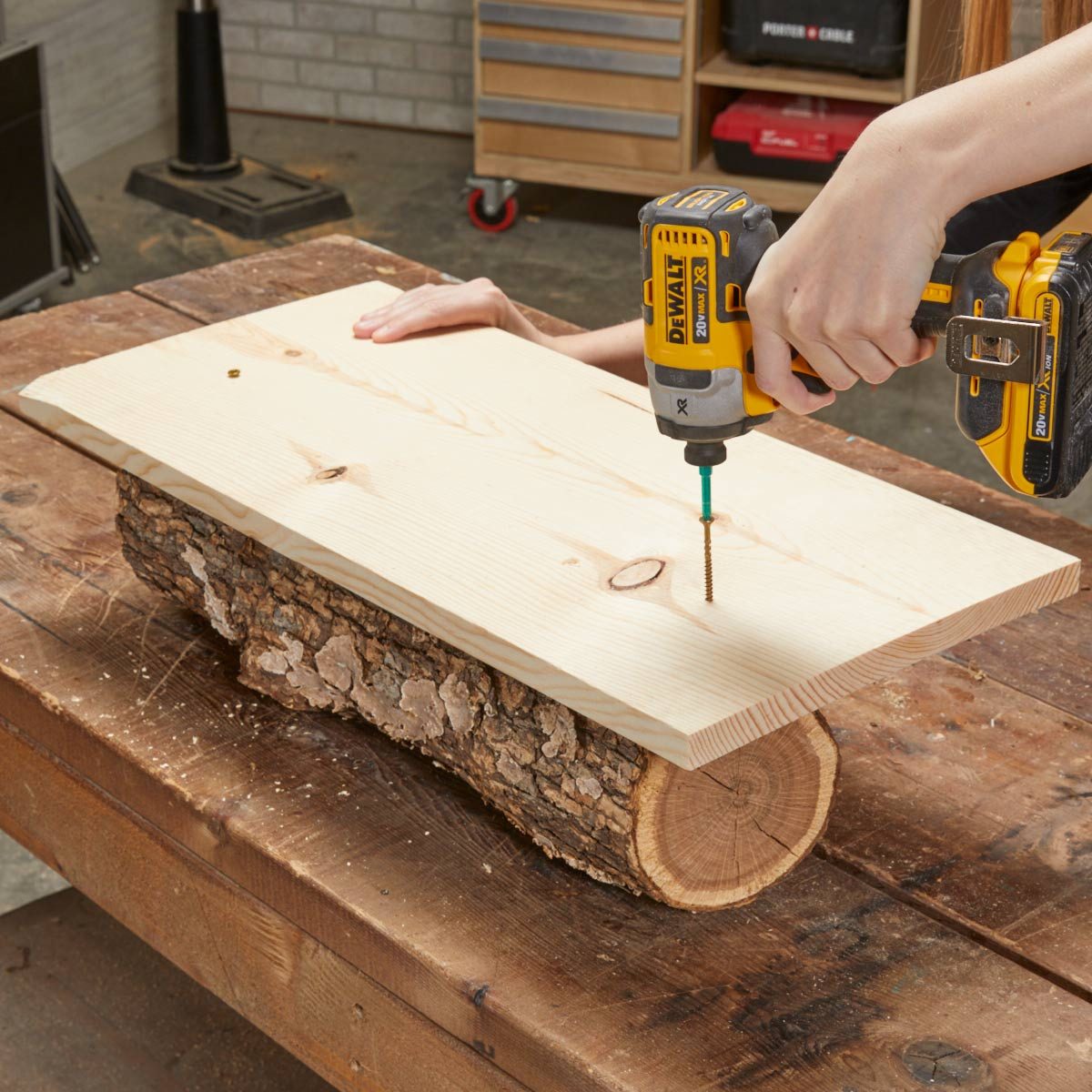 Wood log planter attach board to stabalize