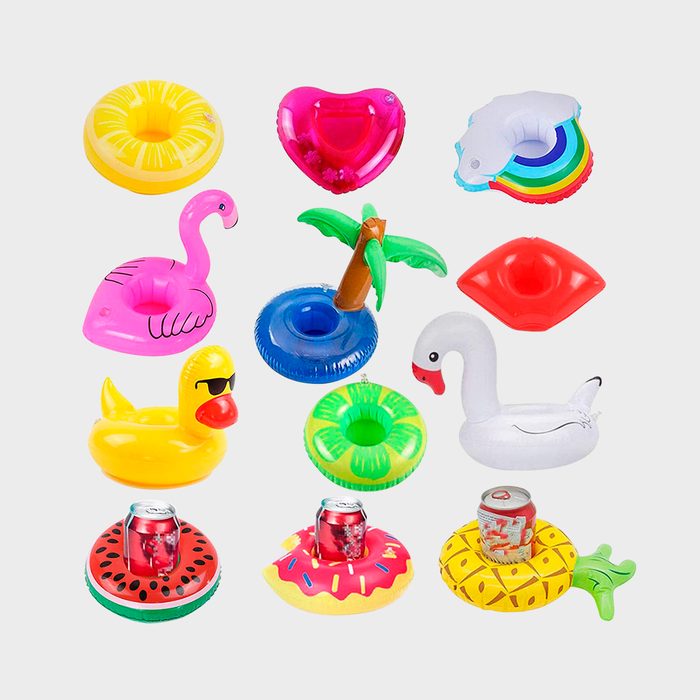 Colorful inflatable pool toys are arranged in a grid pattern, including animals and fruit shapes, suggesting a fun, summer-themed environment.