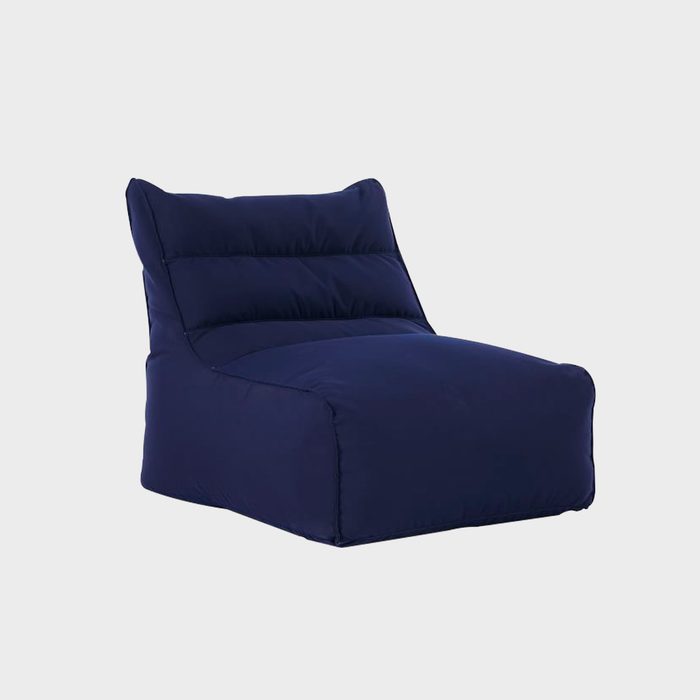 A navy-colored bean bag chair is situated upright, designed for casual seating, set against a plain white background.