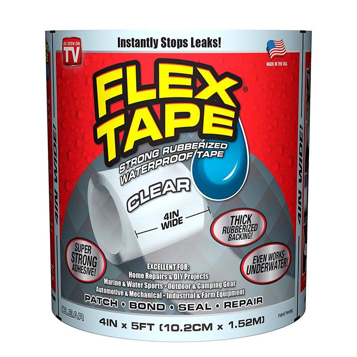 A roll of clear, strong rubberized tape labeled 