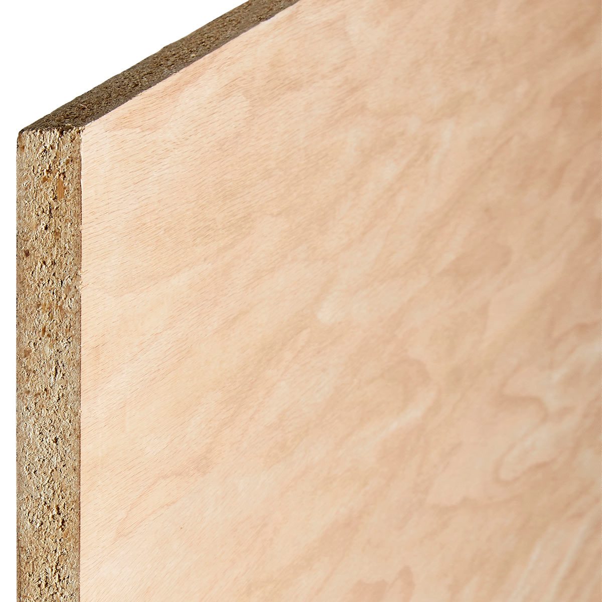 A wooden board is displayed at an angle, revealing its smooth surface and textured edge, with natural wood grain patterns and a light color tone.