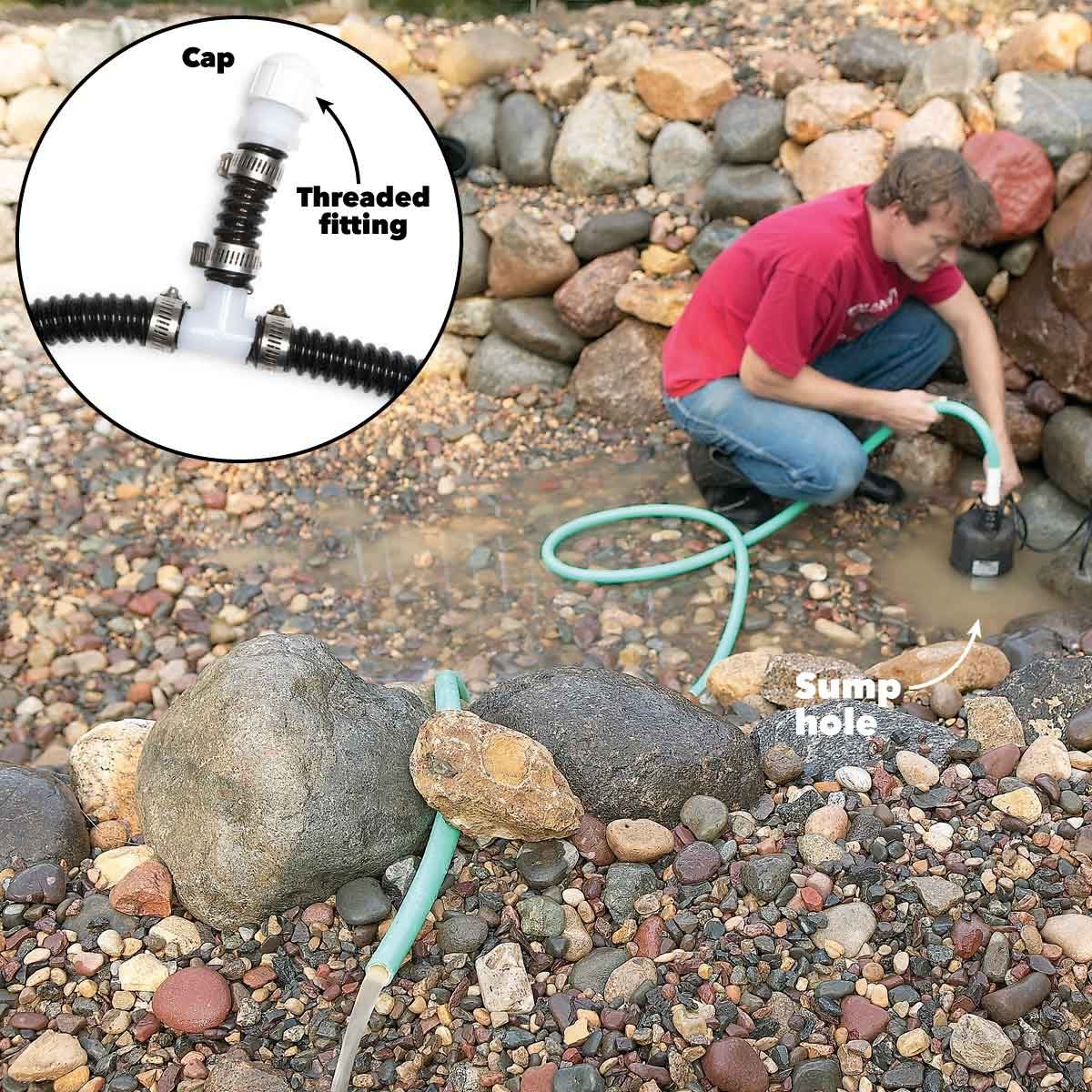 backyard fish pond sump pump drain tee