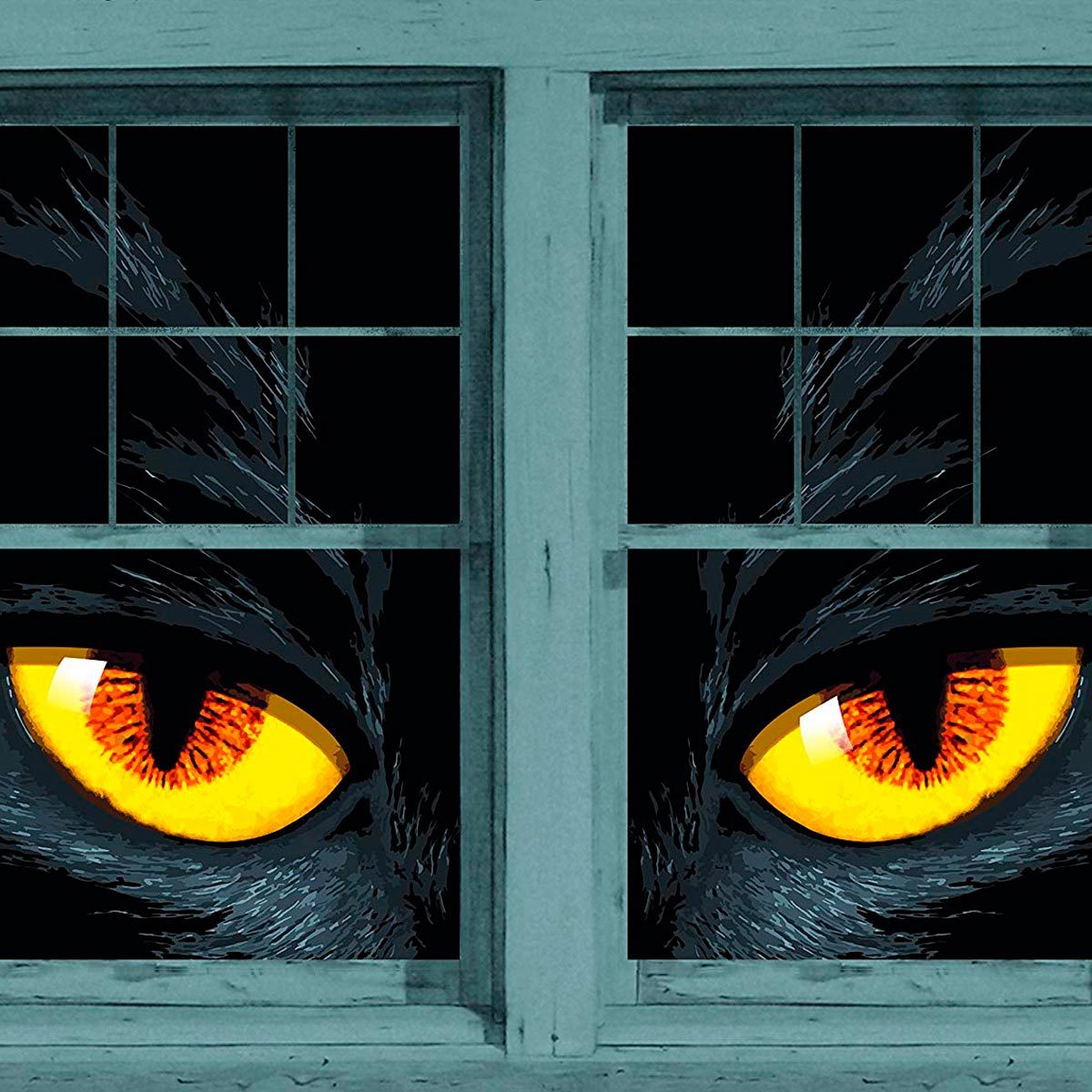 A pair of large, glowing yellow eyes peer through a window's panes, set against a dark background, creating a mysterious and eerie atmosphere.