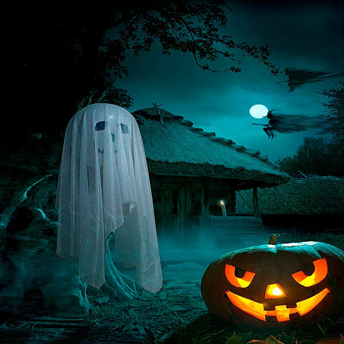 A ghostly figure drifts in a dark landscape, near a glowing jack-o'-lantern, with a moonlit sky and a thatched-roof house in the background.