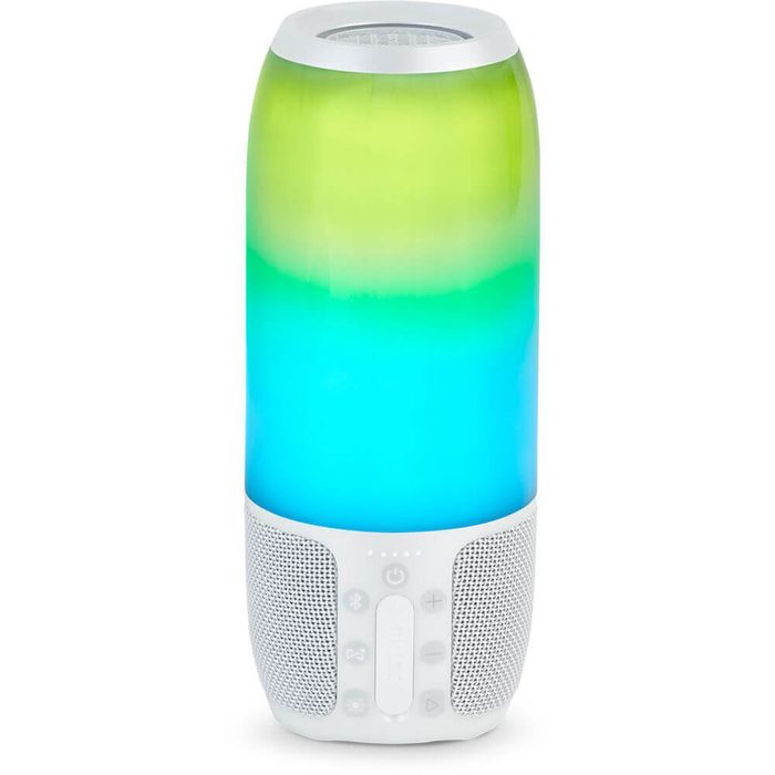 A cylindrical speaker emits a gradient of green and blue lights, while control buttons are located on its white base, likely used for audio playback and settings.