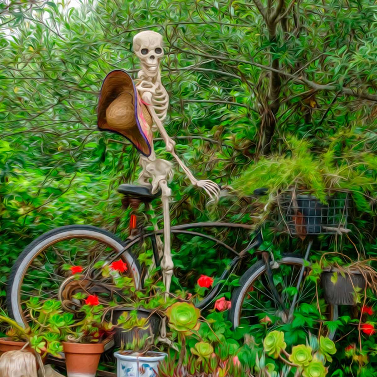 A skeleton sits on a bicycle, holding a large hat, surrounded by green foliage and potted plants with colorful flowers.