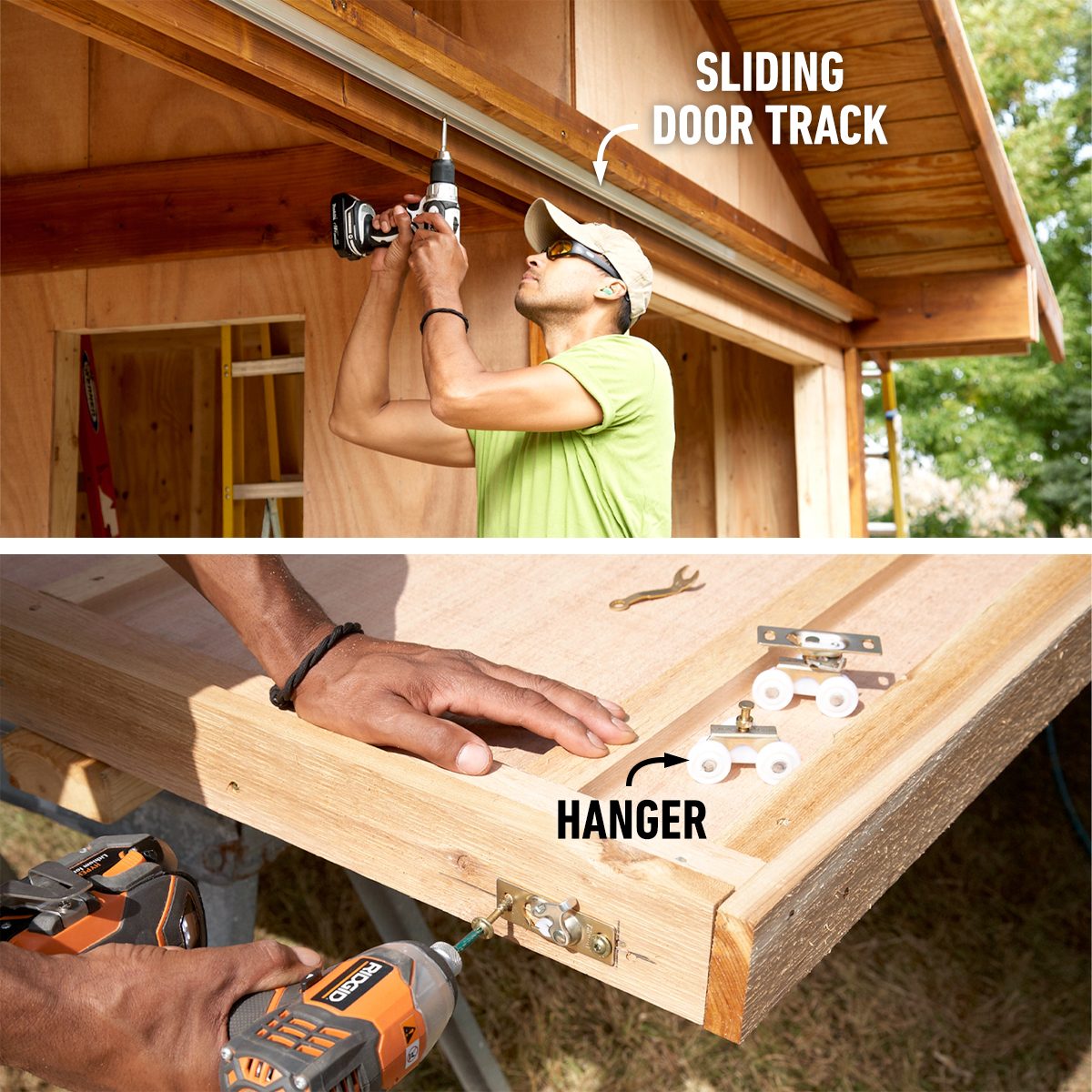 A person installs a sliding door track above while another attaches a hanger to a wooden surface, surrounded by construction materials and an outdoor setting.