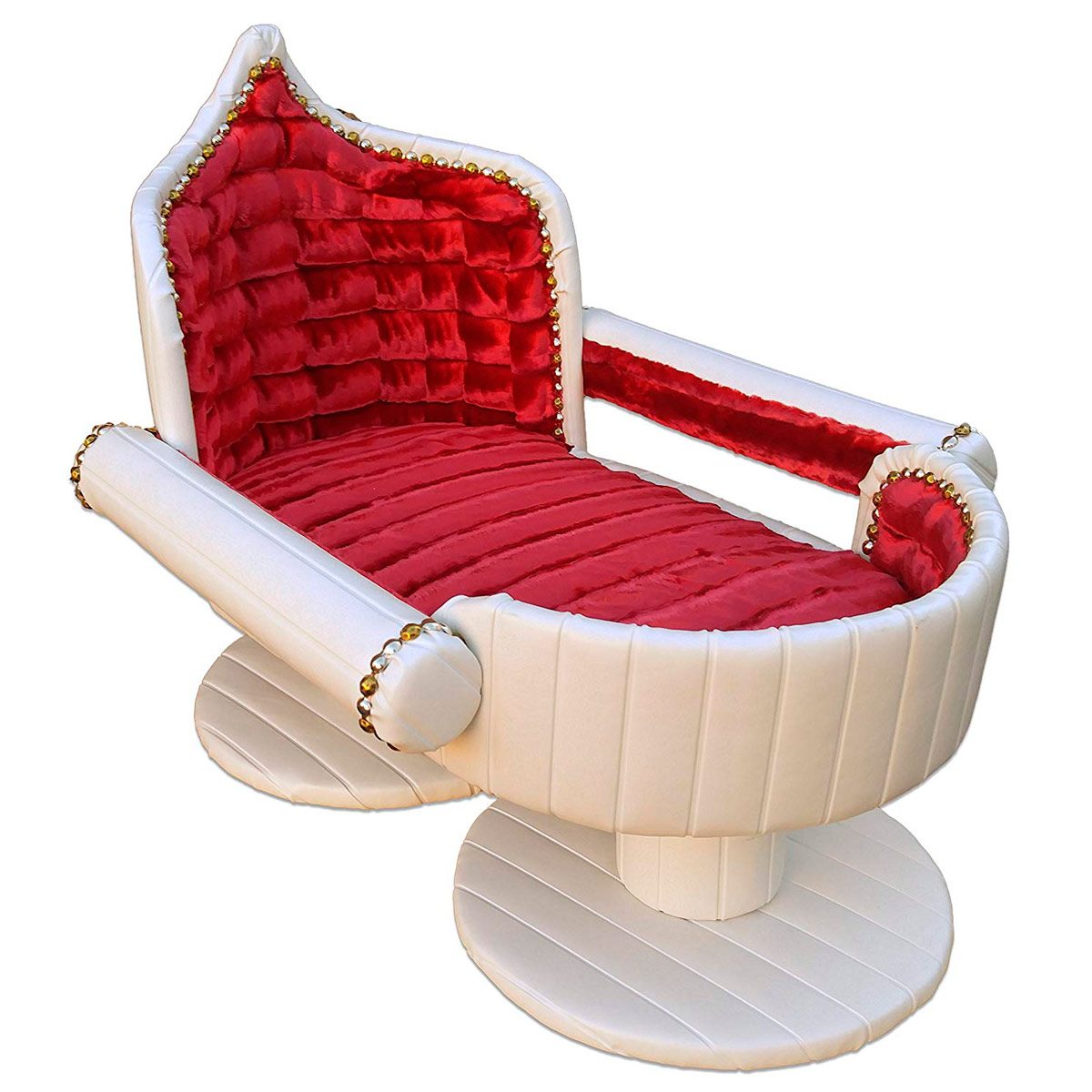 A stylized lounge chair features a curved, white structure with plush red upholstery, embellished with golden accents, resting on a circular base.