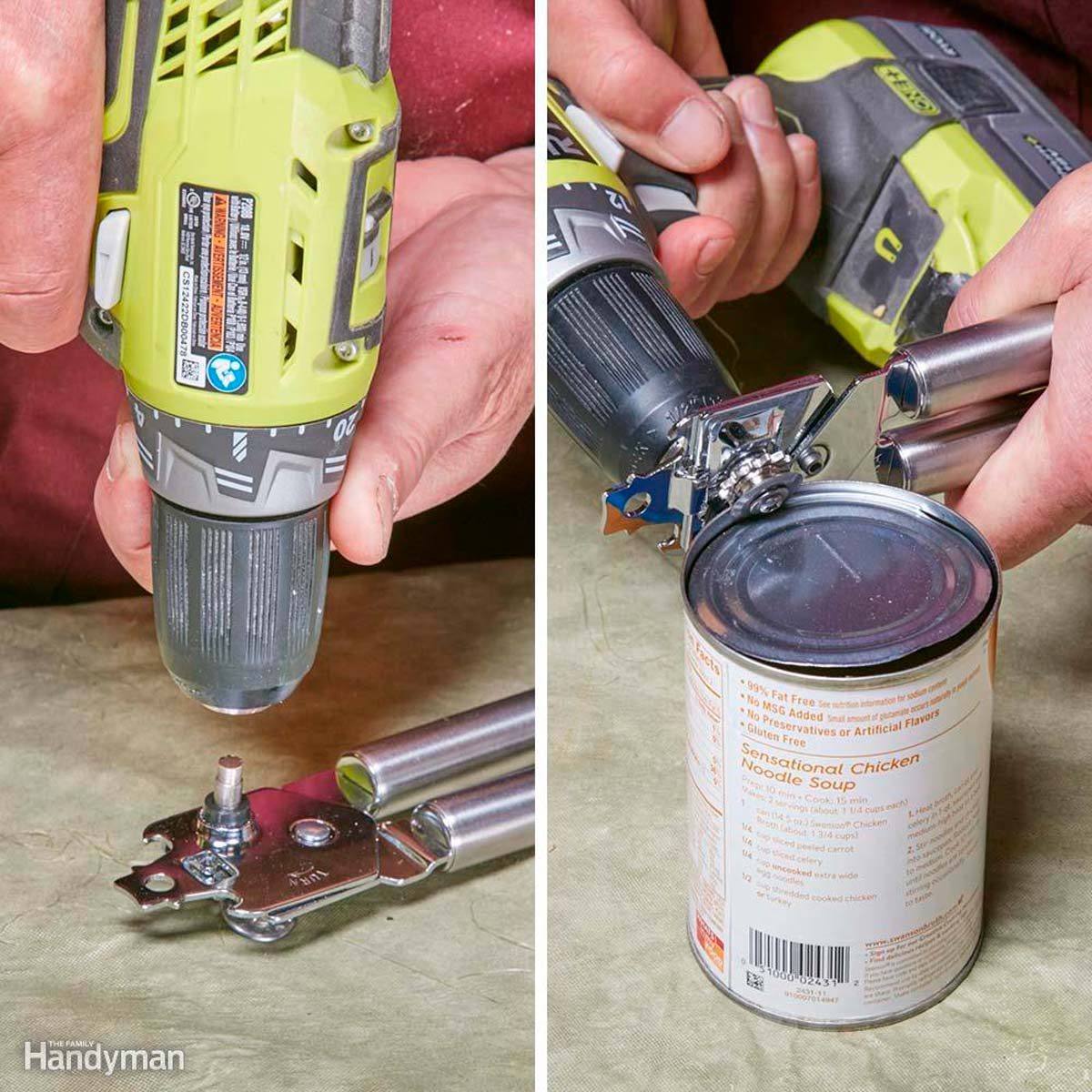 A person uses a power tool to attach a can opener to a can of chicken noodle soup on a work surface.