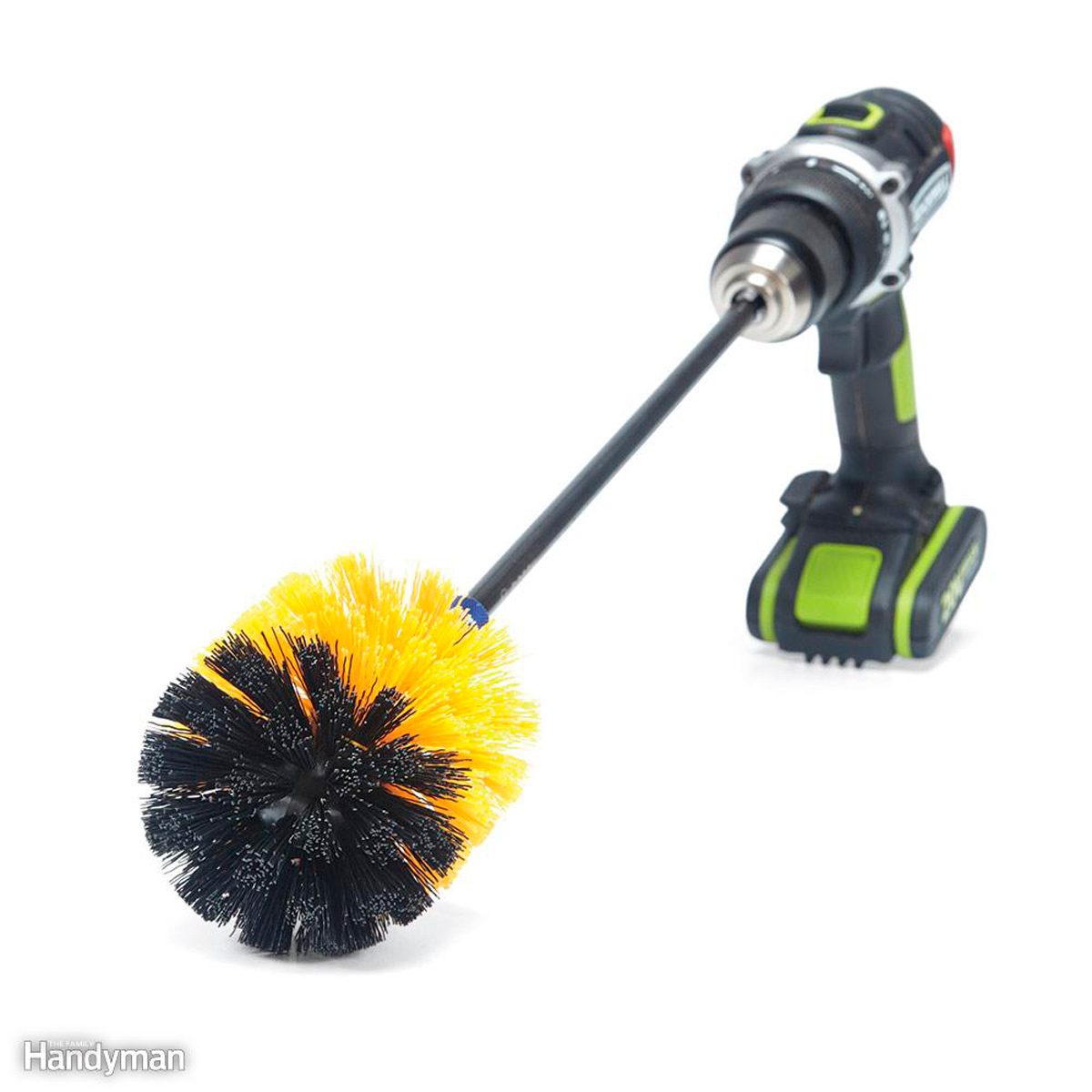A power drill with an attached cleaning brush head spins, designed for scrubbing surfaces efficiently, set against a plain white background.