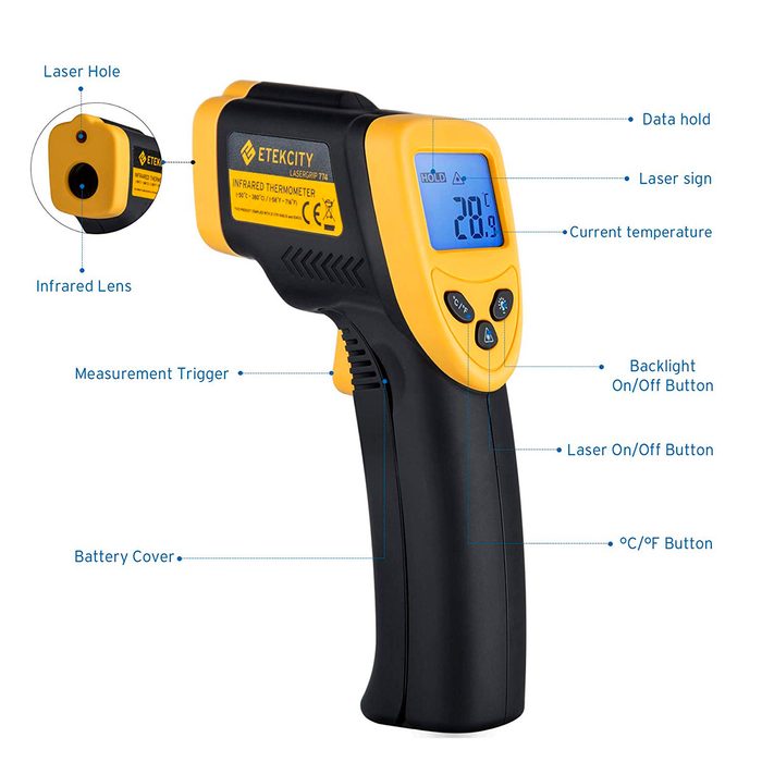 A handheld infrared thermometer displays the current temperature while featuring buttons for data hold, laser activation, and unit switching in a user-friendly design.