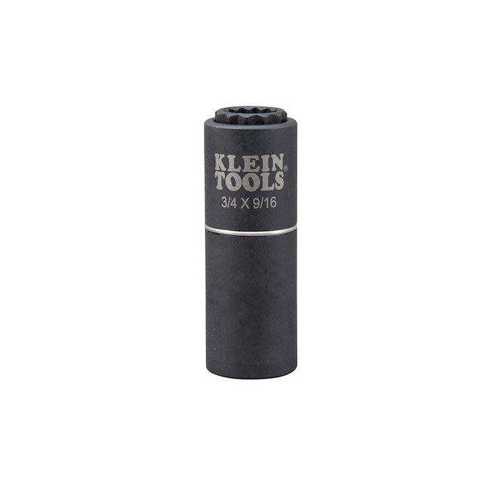 A black socket tool stands upright, designed to fit different sizes. It is labeled for dimensions of 3/4 and 9/16 inches.