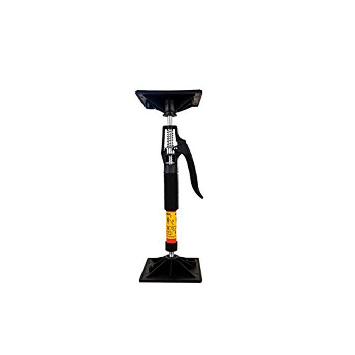 A mechanical lifting jack stands upright, using a lever mechanism to raise heavy objects, positioned against a plain white background.