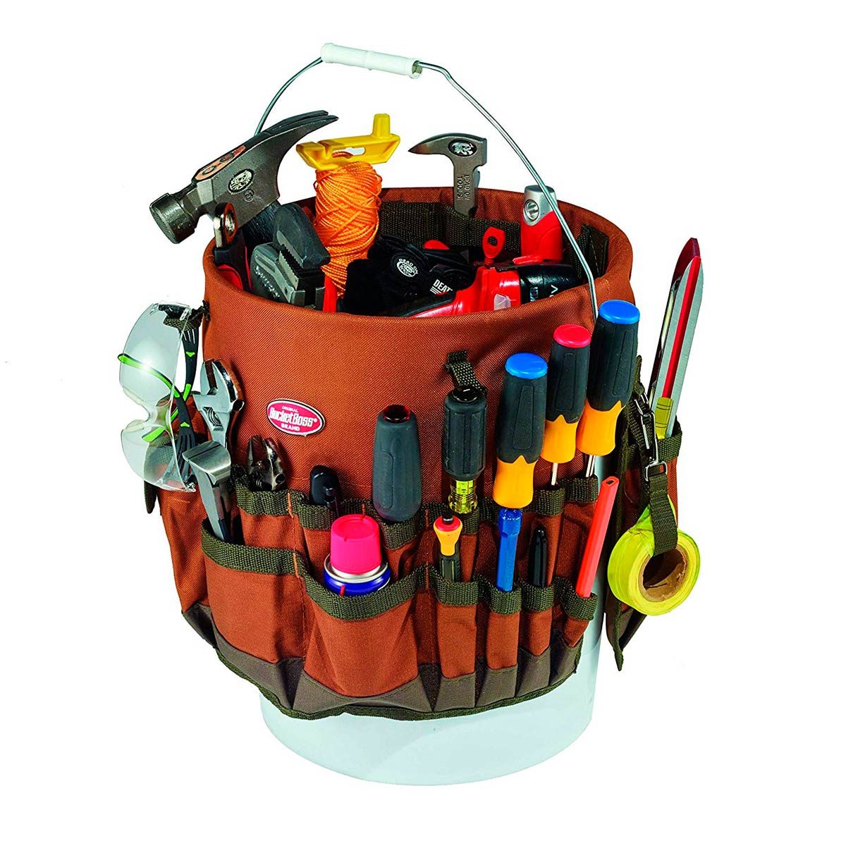 A brown tool bag holds various tools, including a hammer and screwdrivers, and is placed on a white surface, ready for use.
