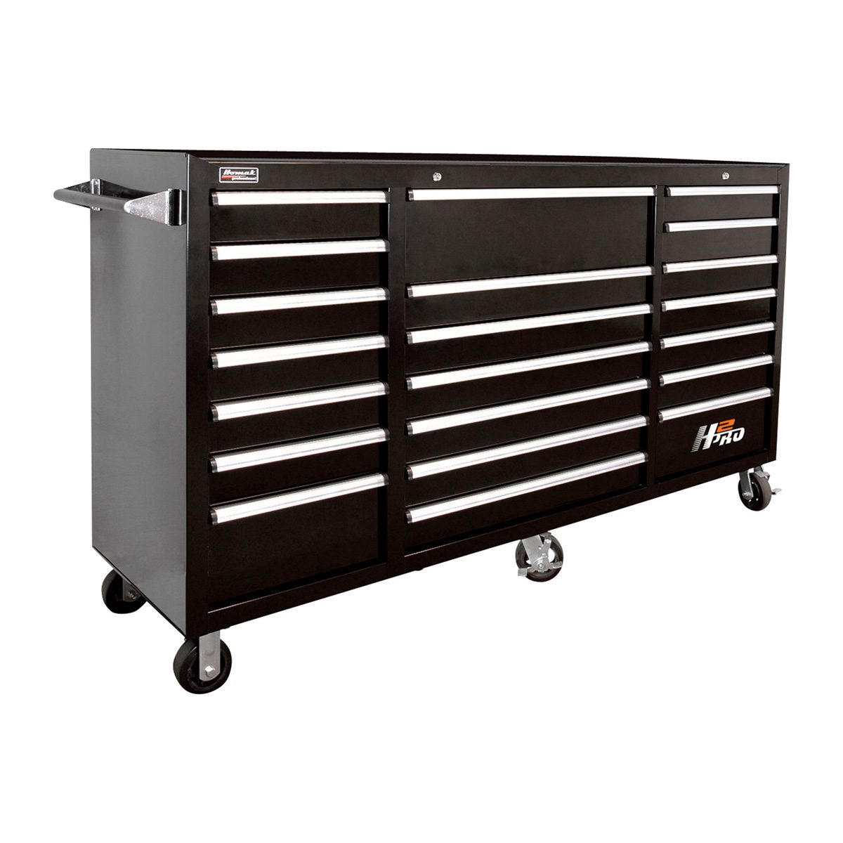 A large, black tool storage unit with multiple drawers is positioned on four wheels, designed for organizing and accessing tools efficiently in a workshop or garage setting.