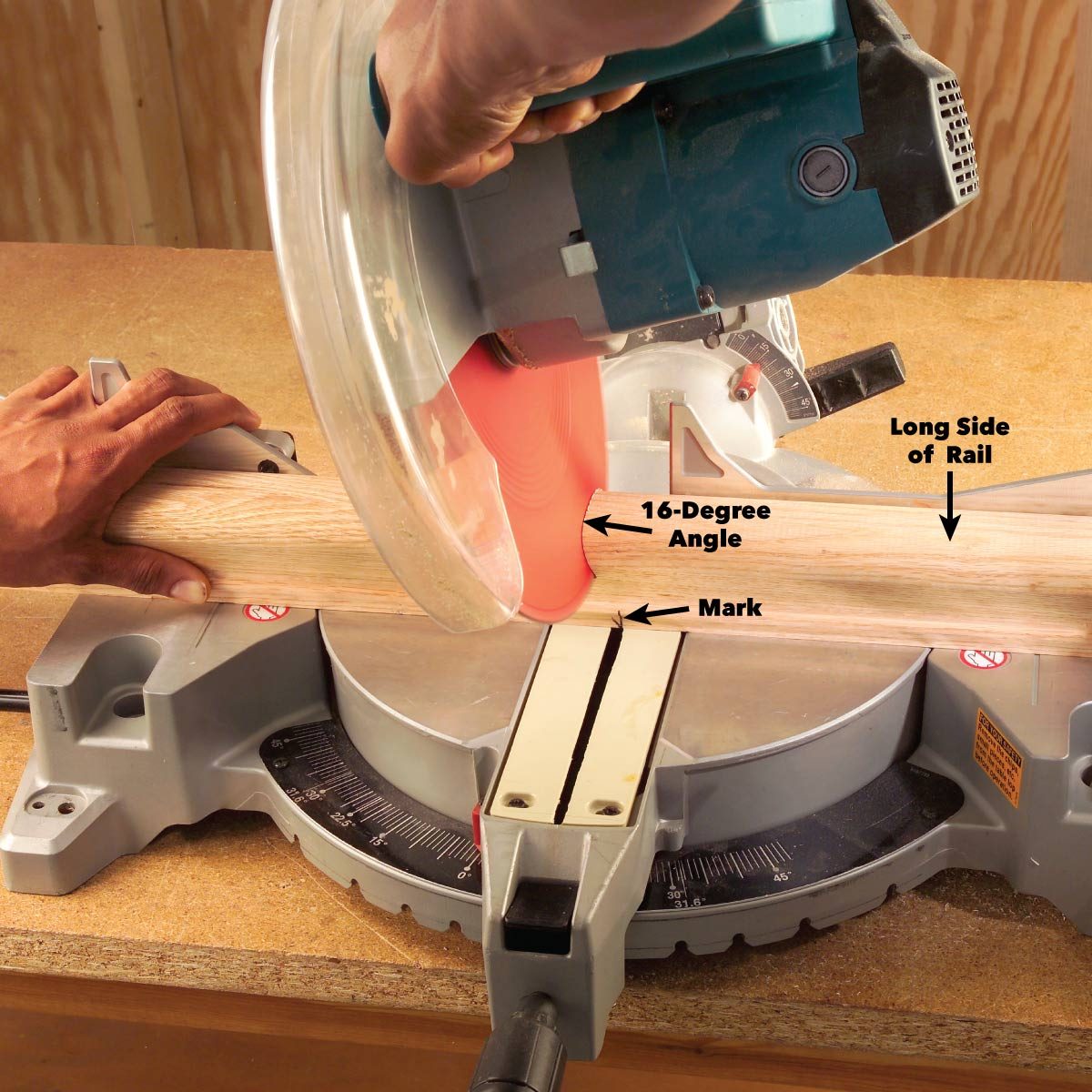 A hand is guiding a wooden rail through a miter saw, cutting at a marked 16-degree angle on a work surface.