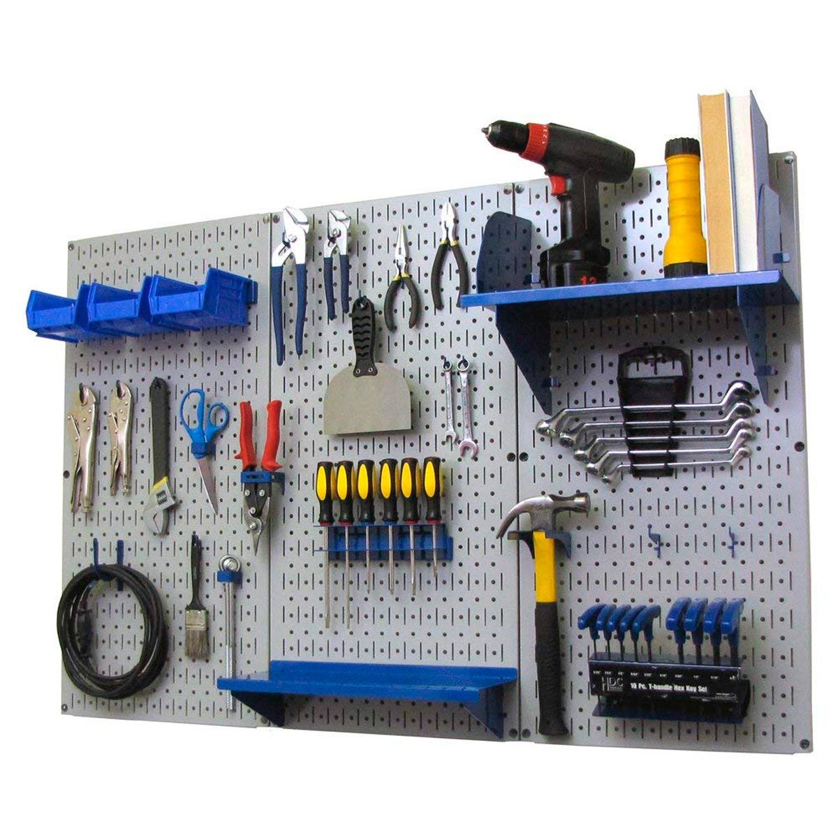 A pegboard displays various tools and storage bins, organized neatly for easy access, set within a workshop or garage environment.