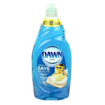 A bottle of blue dish soap is displayed prominently, promoting wildlife conservation with an image of a duckling and text indicating its cleaning effectiveness.