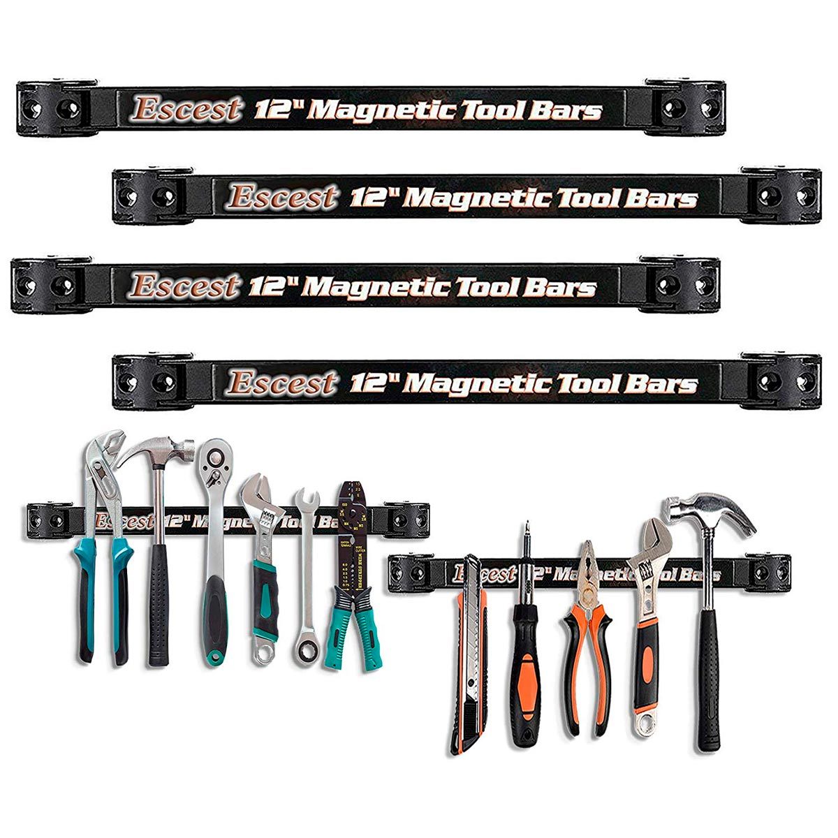 Magnetic tool bars display various hand tools securely attached. Tools include pliers, wrenches, and screwdrivers, organized on durable black bars against a neutral background.