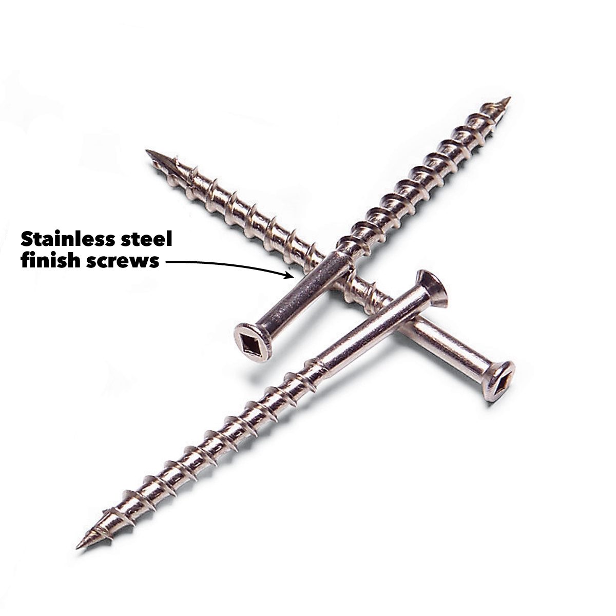 Three stainless steel finish screws are crossed on a white background, showcasing their sharp tips and grooved shafts for fastening purposes.