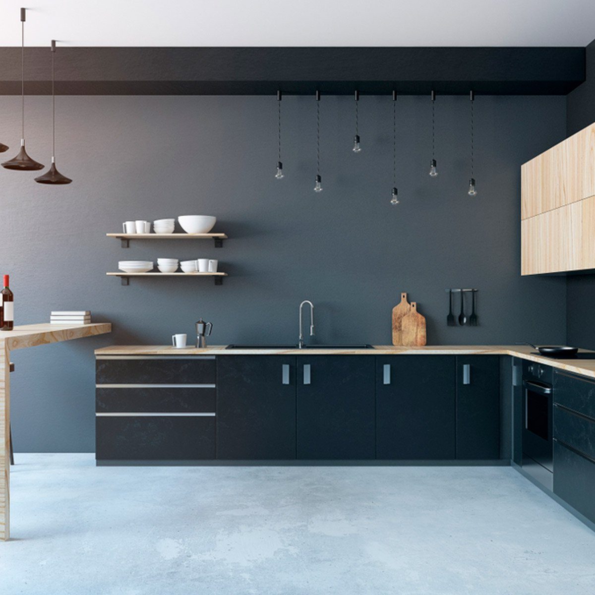 A modern kitchen features dark cabinetry and wooden countertops. Shelves display dishes, while pendant lights hang overhead, enhancing the sleek design.