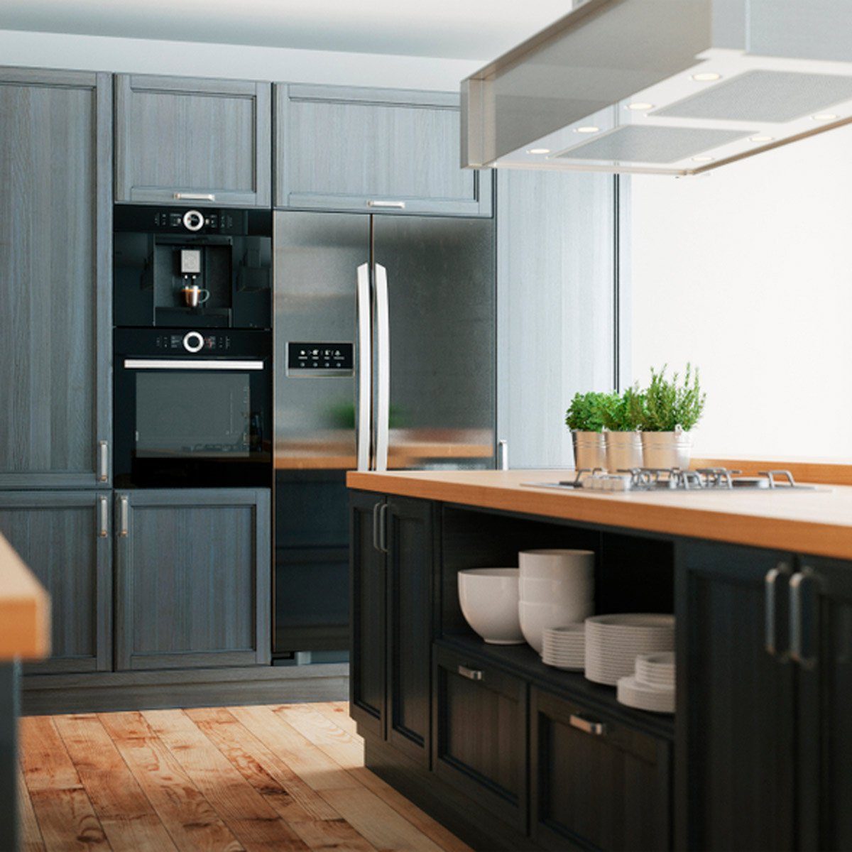 A modern kitchen features sleek cabinetry and stainless steel appliances, with a wooden island displaying potted herbs and dishes, illuminated by natural light.