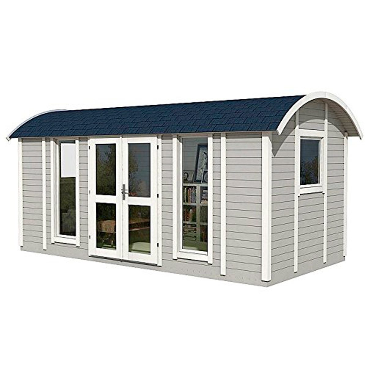 A wooden shed with a curved roof features large glass doors and windows, situated in a well-lit outdoor environment. The walls are painted light grey.
