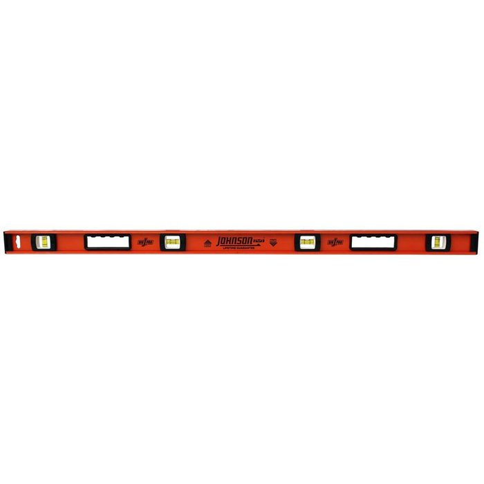 A bright orange level tool lies flat, displaying several bubble vials used for measuring horizontal and vertical alignment in construction settings.