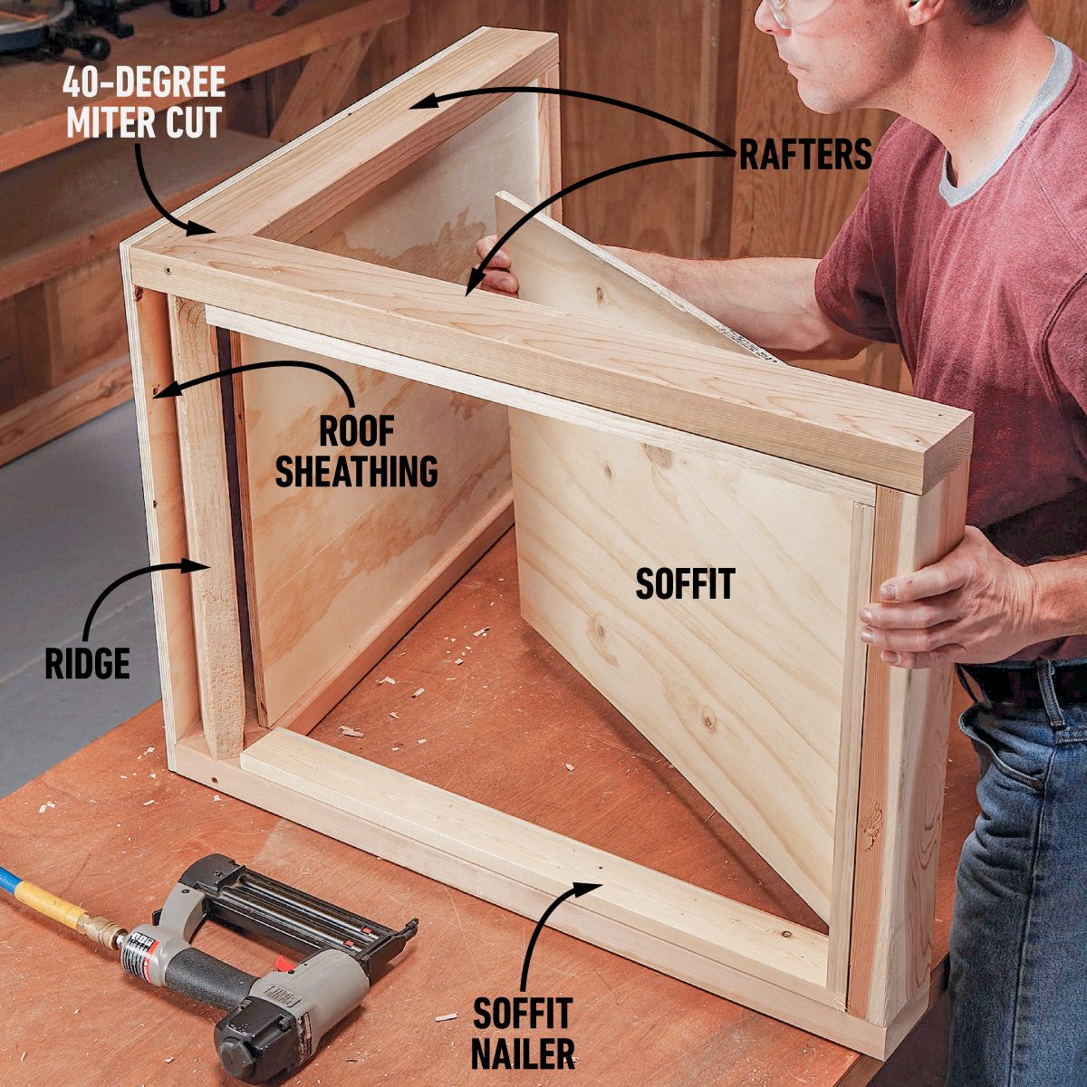 A person constructs a wooden frame with various components labeled, surrounded by a workshop environment featuring tools and a wooden surface.