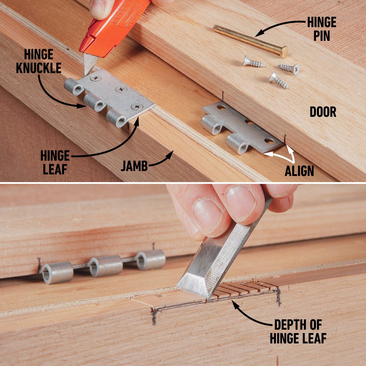 A hand applies adhesive and aligns hinge components on wooden pieces, preparing for installation. The context involves woodworking tools and partially assembled door elements.