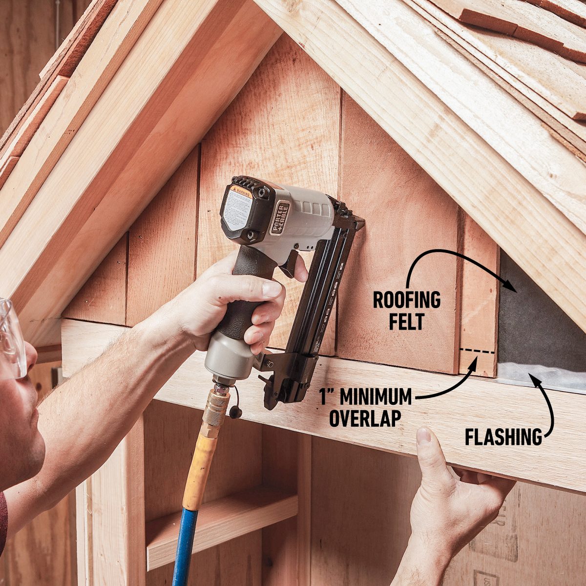 A person uses a nail gun to attach roofing material on a wooden structure, with visible instructions for overlap and flashing details nearby.