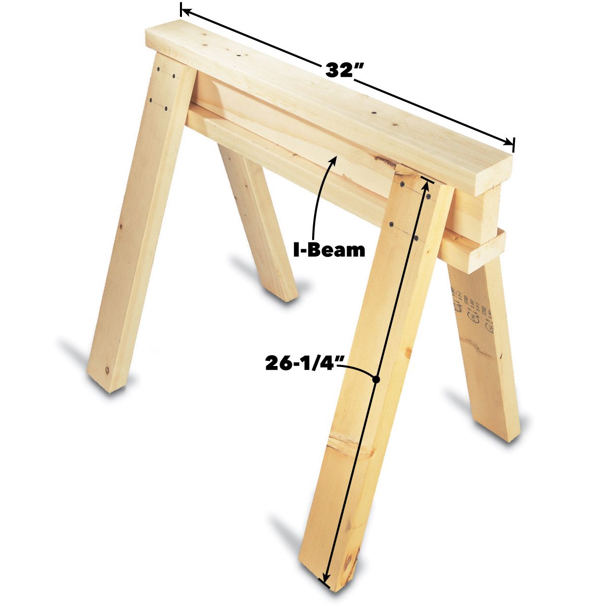 A wooden sawhorse stands upright, measuring 32 inches long and 26-1/4 inches tall, with an I-beam support structure, suitable for construction or woodworking tasks.