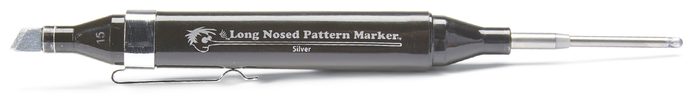 A long-nosed black marker with a silver tip rests horizontally, designed for precision marking. Its clip is visible, enhancing portability.