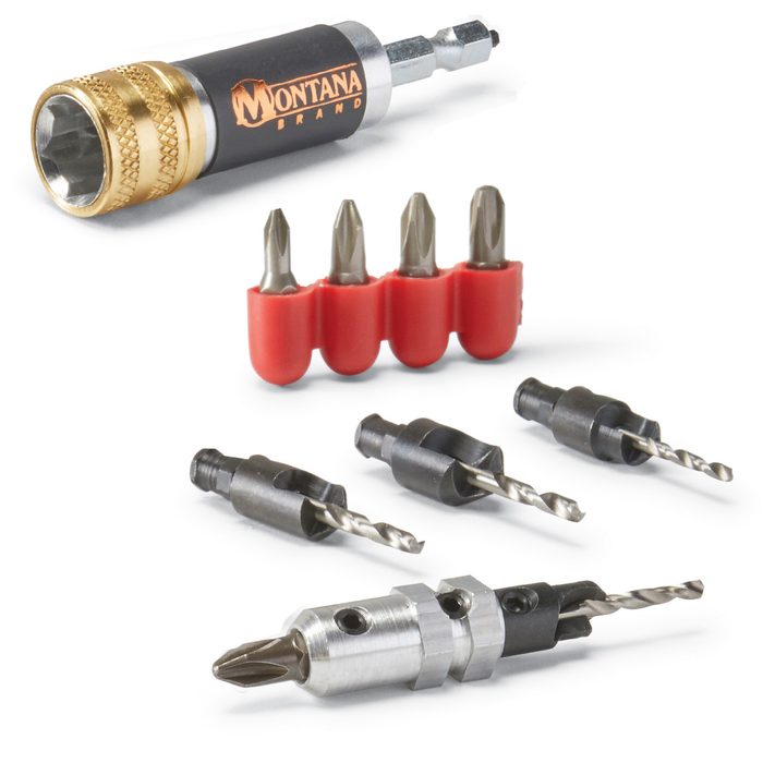 A multi-tool with interchangeable heads allows for various tasks, surrounded by additional bits and drill attachments, suitable for handywork or repairs.