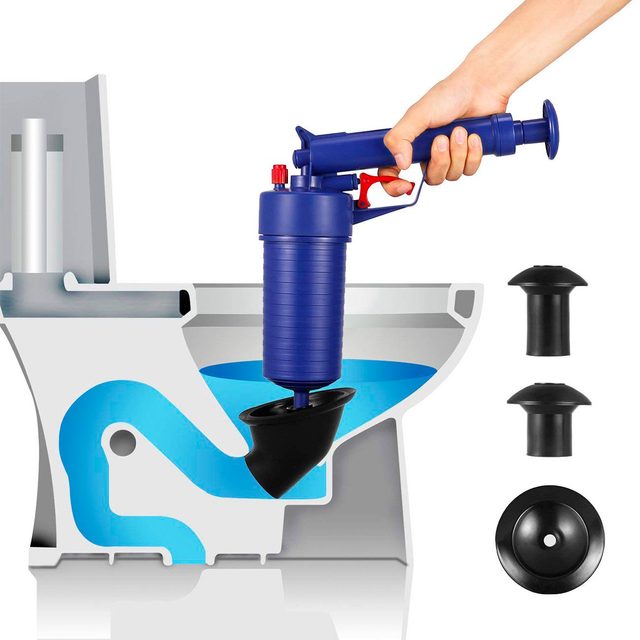 A hand holds a blue plumbing tool, plunging into a toilet's water-filled bowl, surrounded by black rubber attachments for various drain sizes.