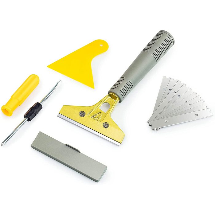 A variety of scraping tools, including a main scraper with interchangeable blades, a yellow scraper, a screwdriver, and a blade storage case, are arranged on a white background.