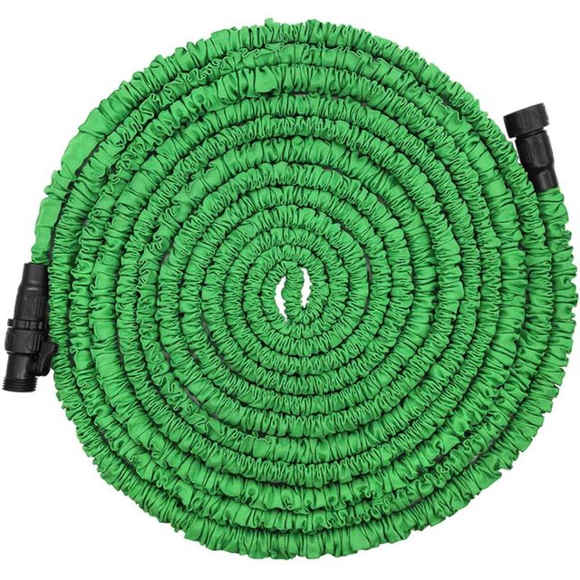 A green, coiled garden hose with a textured surface lies flat, showcasing its circular shape and two black connectors on opposite ends.