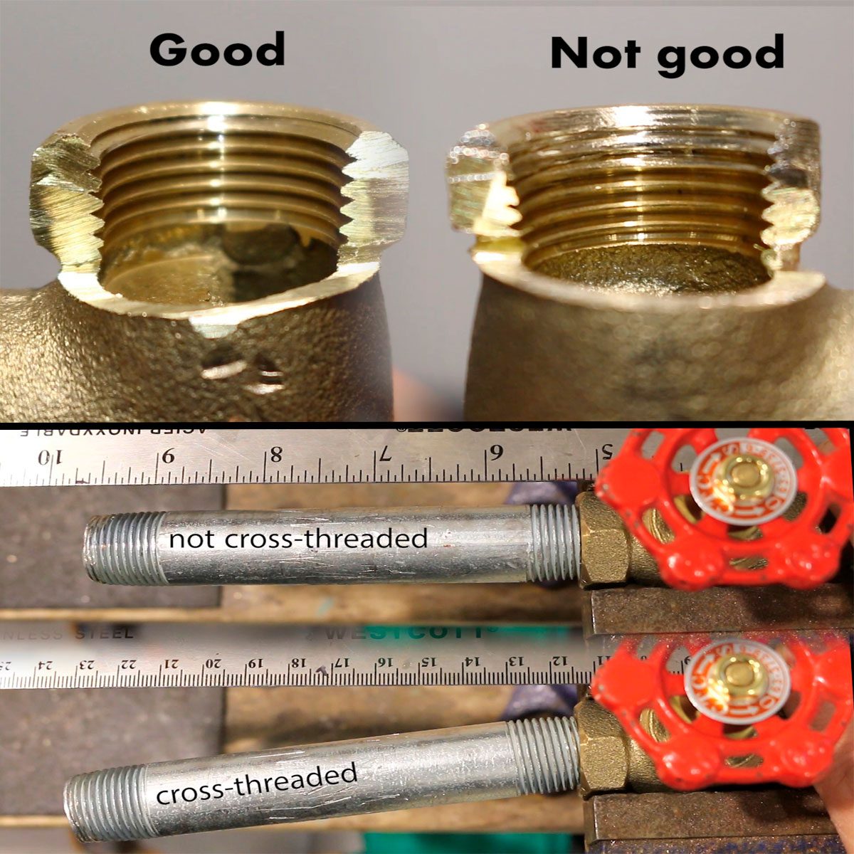 Two pipe fittings are shown side by side, with clear threading differences. Below, two pipes are compared, labeled "not cross-threaded" and "cross-threaded."