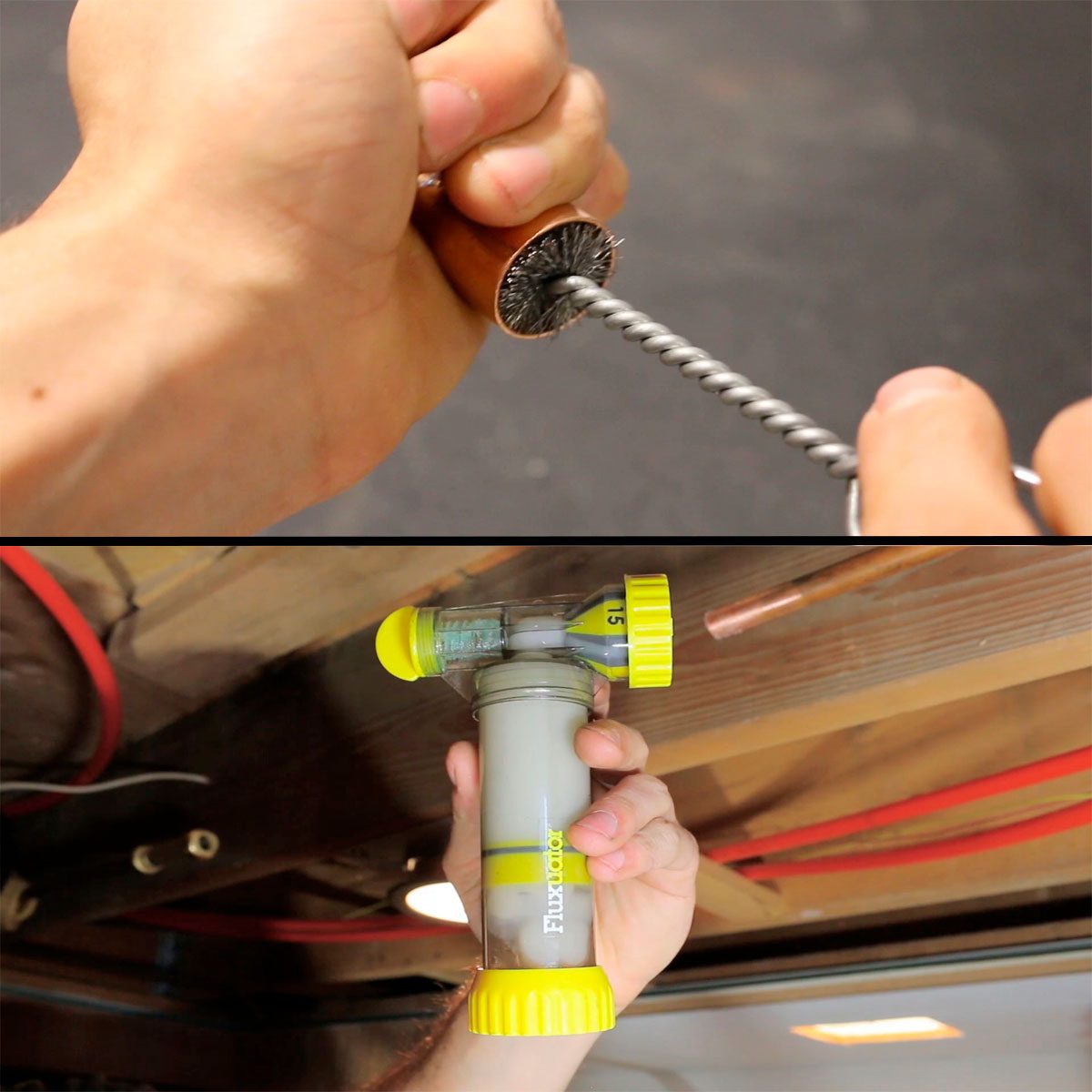 A hand grips a tool spinning a metal wire brush, while another hand holds a yellow and clear flux applicator near a copper pipe in a wood setting.