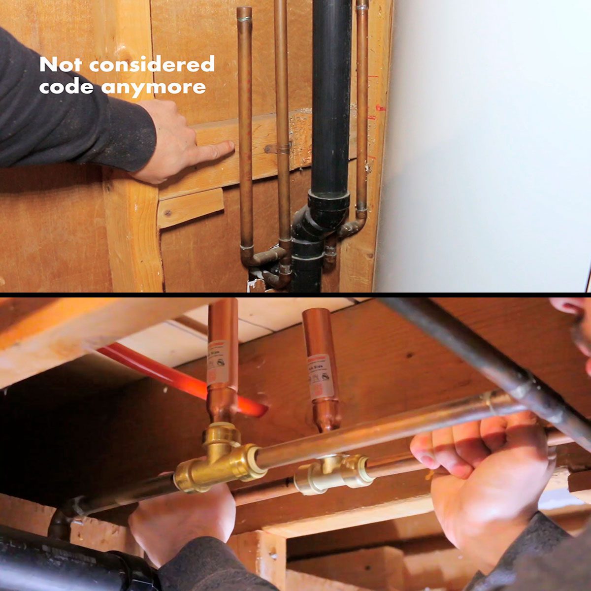 Copper pipes are being adjusted by a person under a wooden frame, indicating plumbing installation practices with a note about code regulations in the background.