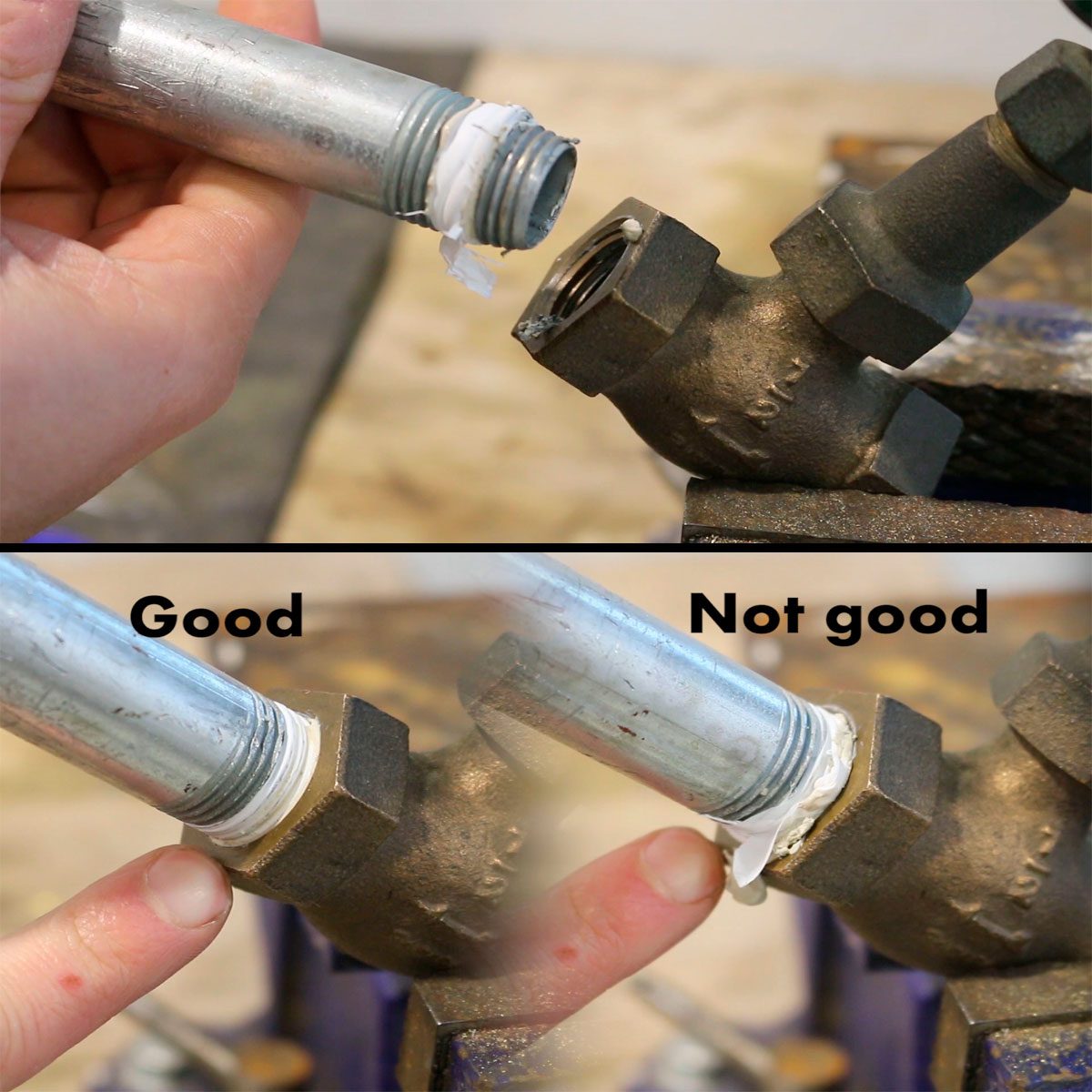 A hand holds a pipe fitting, demonstrating two assembly techniques: one labeled "Good" with proper sealing and another labeled "Not good" with ineffective sealing.